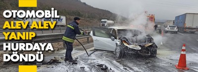 Bolu'da bariyere çarpan otomobil yandı