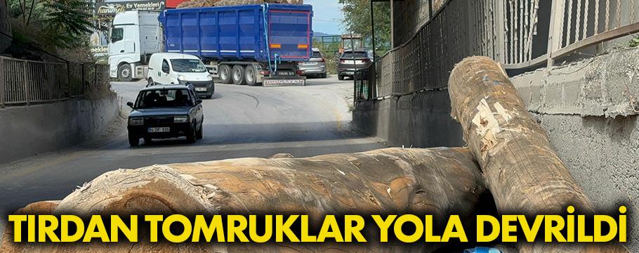 Tır alt geçitten geçerken tomrukları yola düşürdü