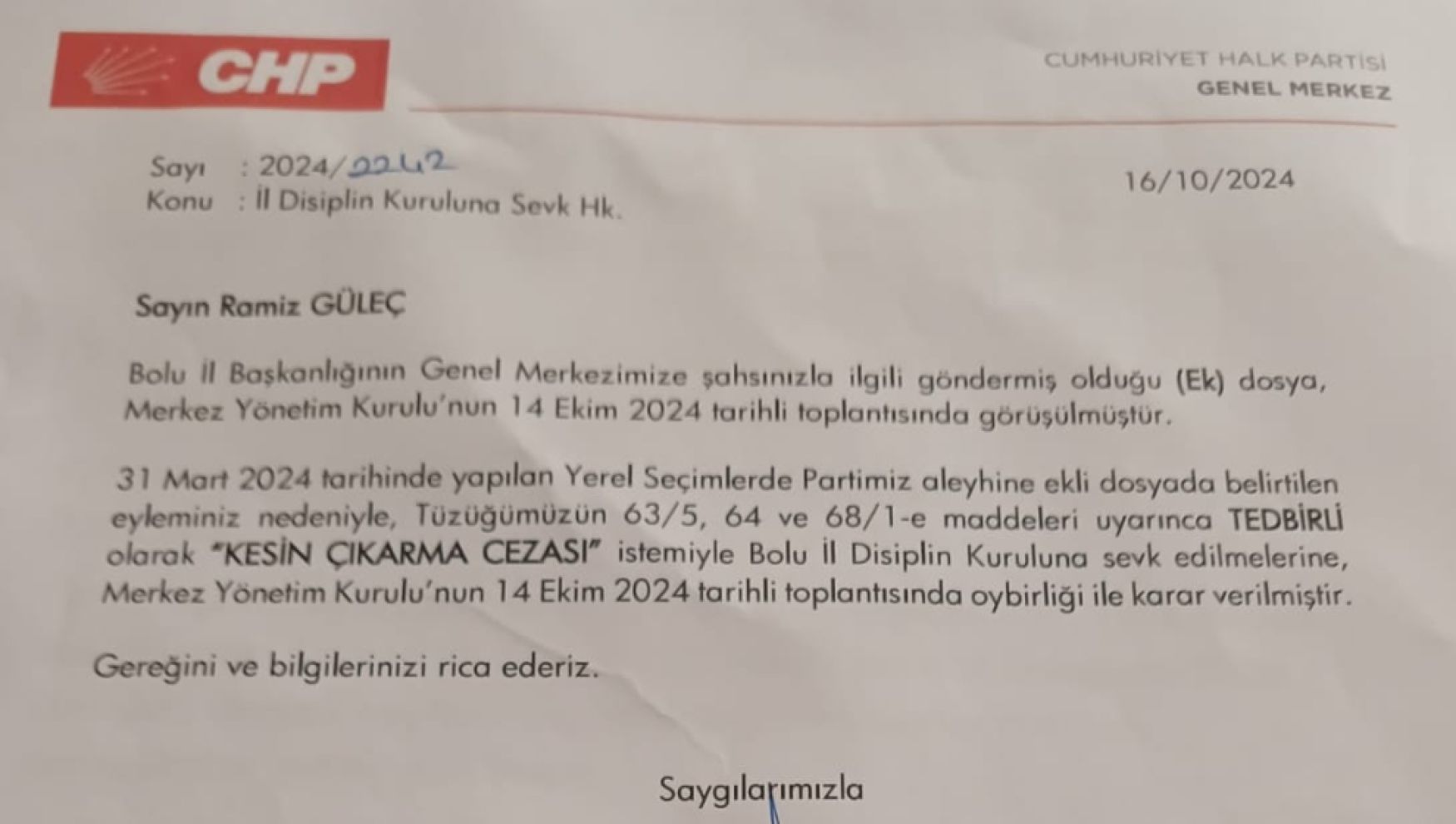 Bolu'da CHP il yönetimi Ramiz başkanın ihracını istedi