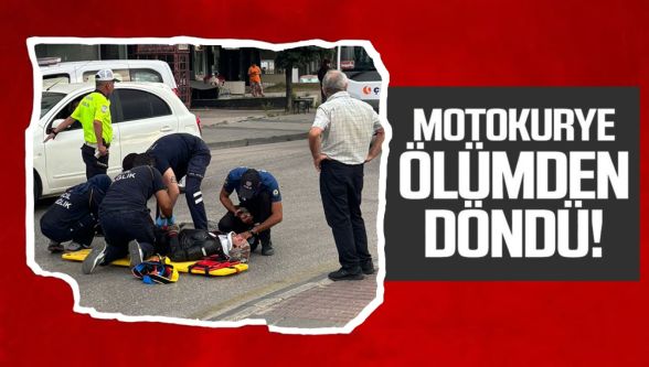 Motosikletli kurye kazayı ucuz atlattı