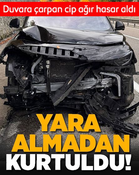 Bolu'da istinat duvarına çarpan otomobil ağır hasar aldı