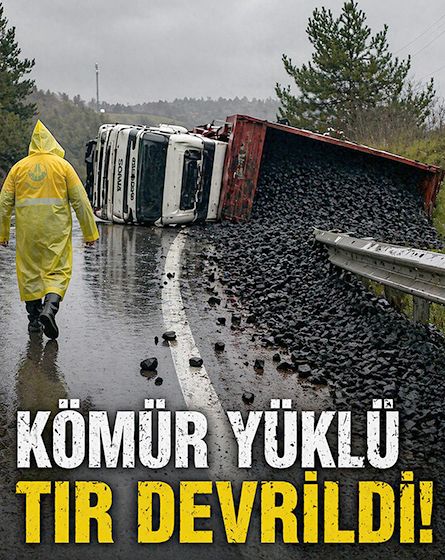 Kaygan yolda devrildi: Kömür yüklü tır yan yattı