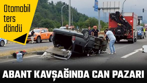 Abant kavşağında can pazarı! Otomobil ters döndü